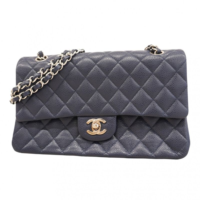 Chanel Shoulder Bag Matelasse Caviar Skin Navy Silver Hardware Women's