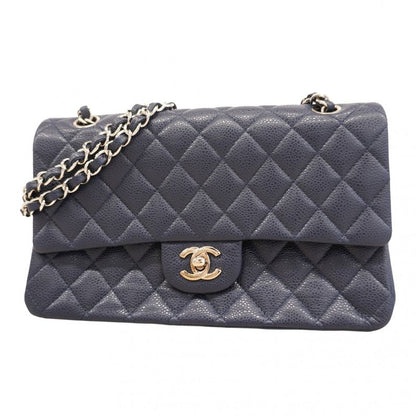 Chanel Shoulder Bag Matelasse Caviar Skin Navy Silver Hardware Women's