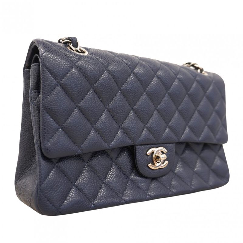 Chanel Shoulder Bag Matelasse Caviar Skin Navy Silver Hardware Women's
