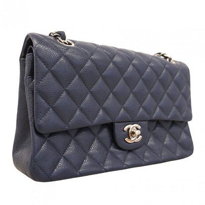 Chanel Shoulder Bag Matelasse Caviar Skin Navy Silver Hardware Women's