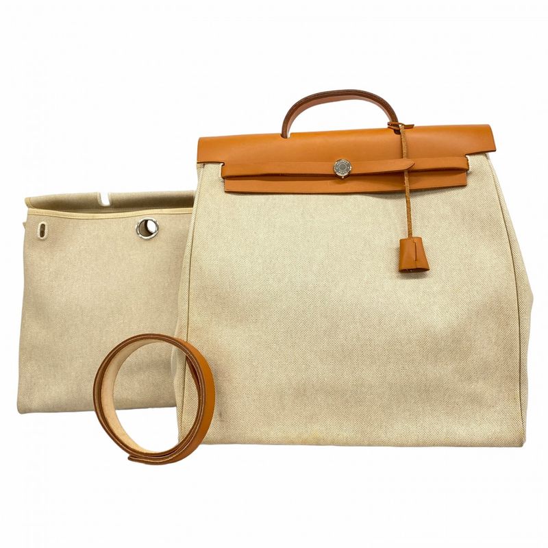 Hermes Handbag Herbag Her Bag MM Toile Ash Natural Silver Hardware C Engraved