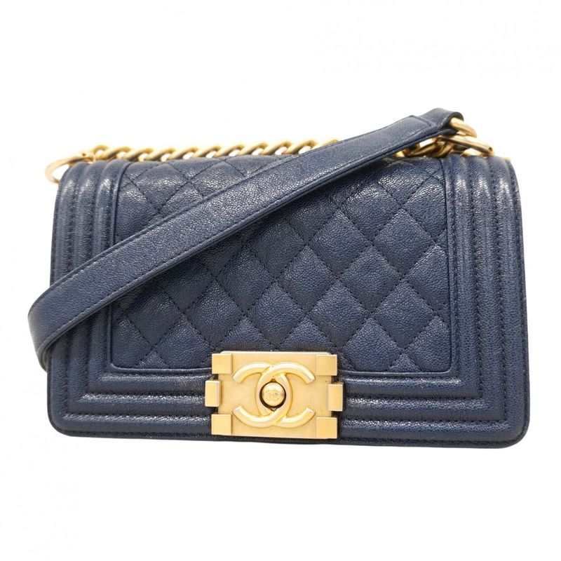 Chanel Shoulder Bag Boy Chanel Caviar Skin Navy Gold Hardware Ladies