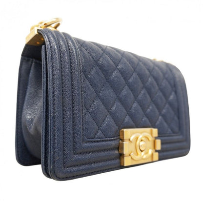 Chanel Shoulder Bag Boy Chanel Caviar Skin Navy Gold Hardware Ladies