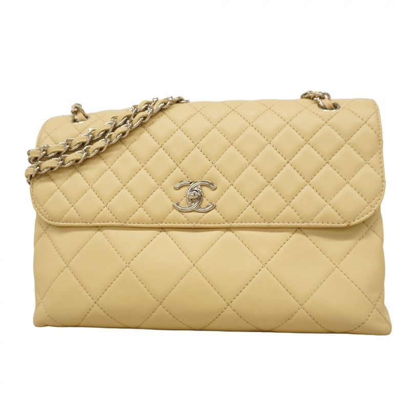 Chanel Shoulder Bag Big Matelasse Leather Beige Silver Hardware Women's