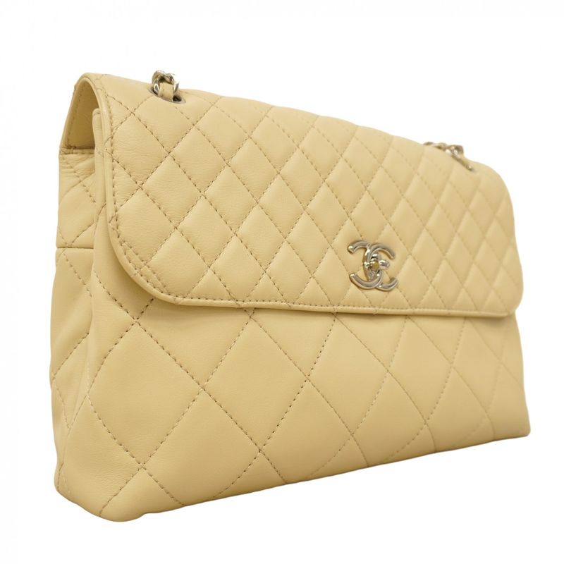 Chanel Shoulder Bag Big Matelasse Leather Beige Silver Hardware Women's