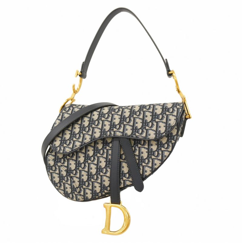 Christian Dior Handbag Trotter Oblique Saddle Canvas Navy Gold Hardware Women's