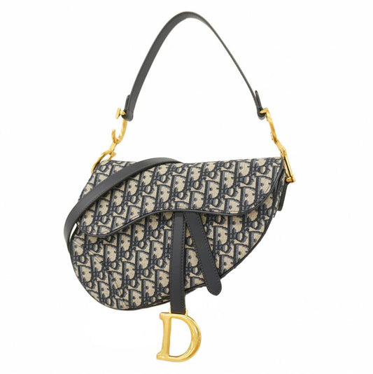 Christian Dior Handbag Trotter Oblique Saddle Canvas Navy Gold Hardware Women's