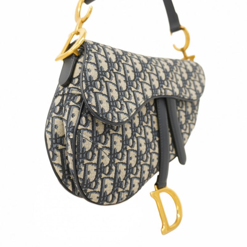 Christian Dior Handbag Trotter Oblique Saddle Canvas Navy Gold Hardware Women's