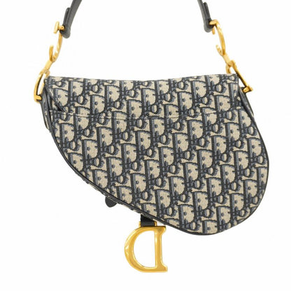 Christian Dior Handbag Trotter Oblique Saddle Canvas Navy Gold Hardware Women's