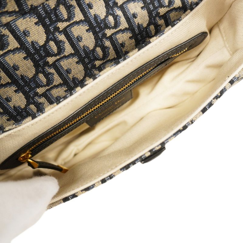 Christian Dior Handbag Trotter Oblique Saddle Canvas Navy Gold Hardware Women's