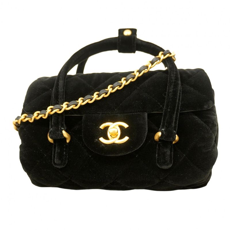 Chanel Handbag Matelasse Velor Black Gold Hardware 2way Bag Ladies