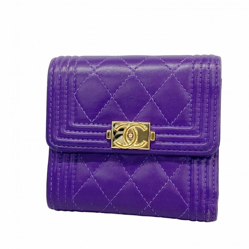 Chanel Trifold Wallet Boy Chanel Lambskin Purple Gold Hardware Women's