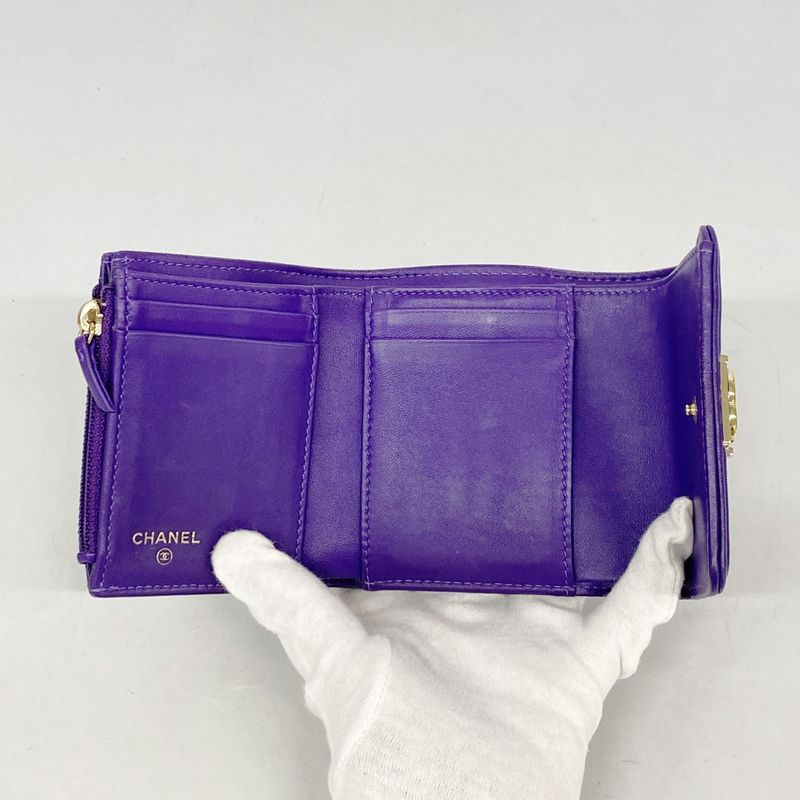 Chanel Trifold Wallet Boy Chanel Lambskin Purple Gold Hardware Women's