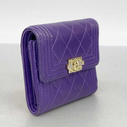 Chanel Trifold Wallet Boy Chanel Lambskin Purple Gold Hardware Women's
