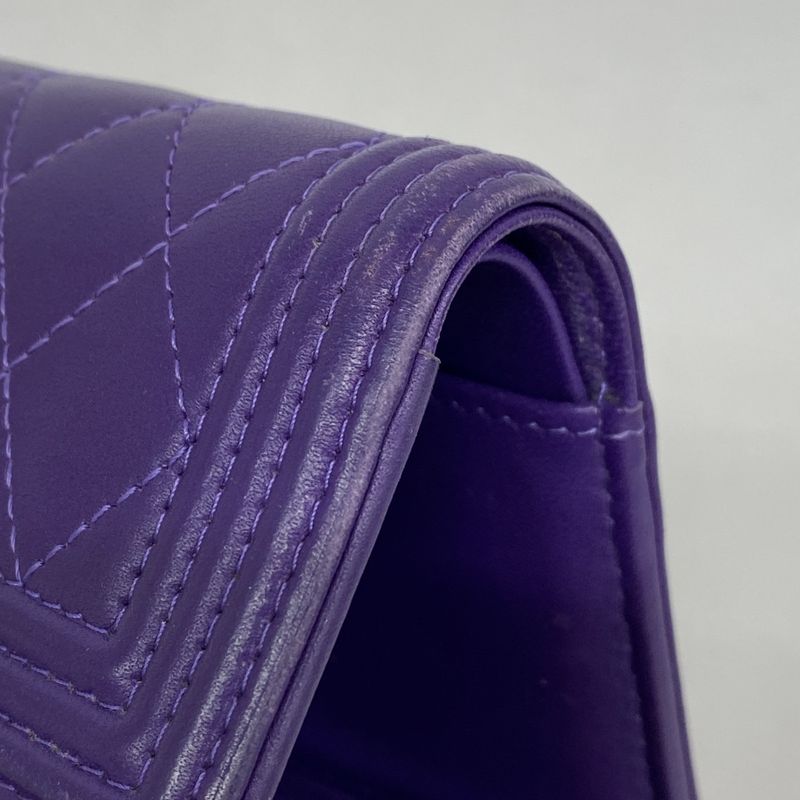 Chanel Trifold Wallet Boy Chanel Lambskin Purple Gold Hardware Women's