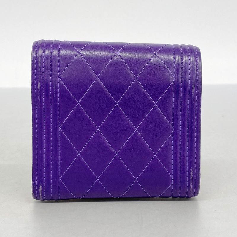Chanel Trifold Wallet Boy Chanel Lambskin Purple Gold Hardware Women's