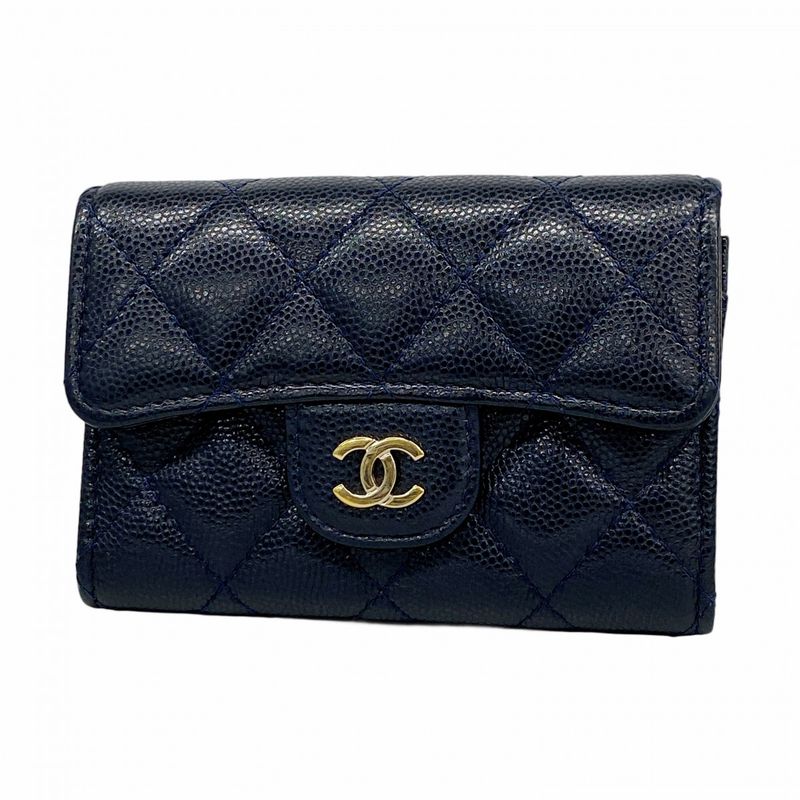 Chanel Card Case Matelasse Caviar Skin Navy Gold Hardware Women's