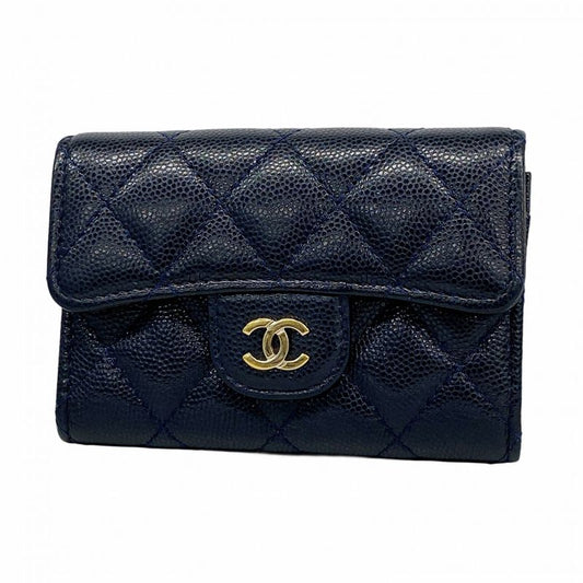 Chanel Card Case Matelasse Caviar Skin Navy Gold Hardware Women's