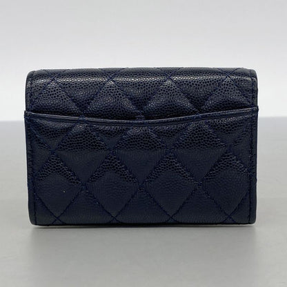 Chanel Card Case Matelasse Caviar Skin Navy Gold Hardware Women's