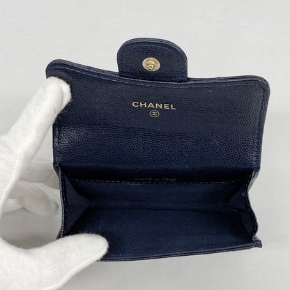 Chanel Card Case Matelasse Caviar Skin Navy Gold Hardware Women's