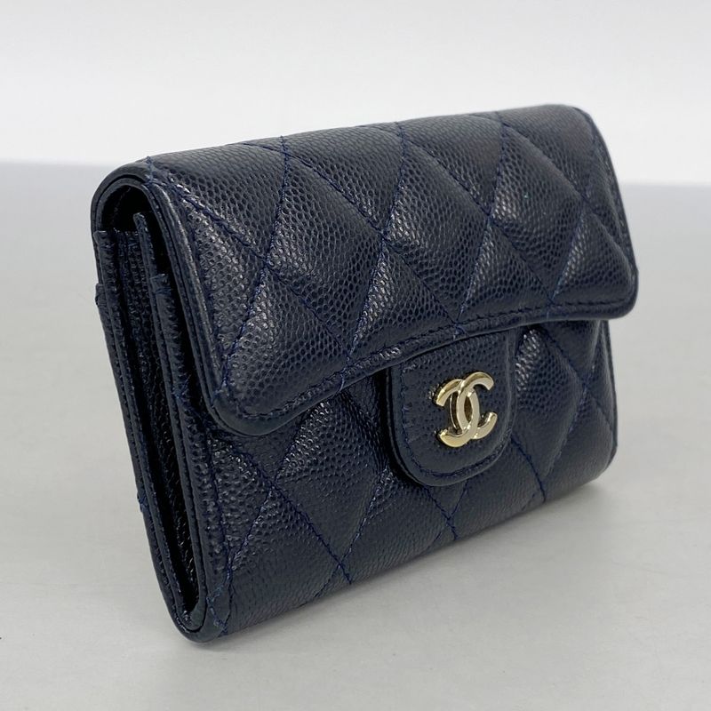 Chanel Card Case Matelasse Caviar Skin Navy Gold Hardware Women's