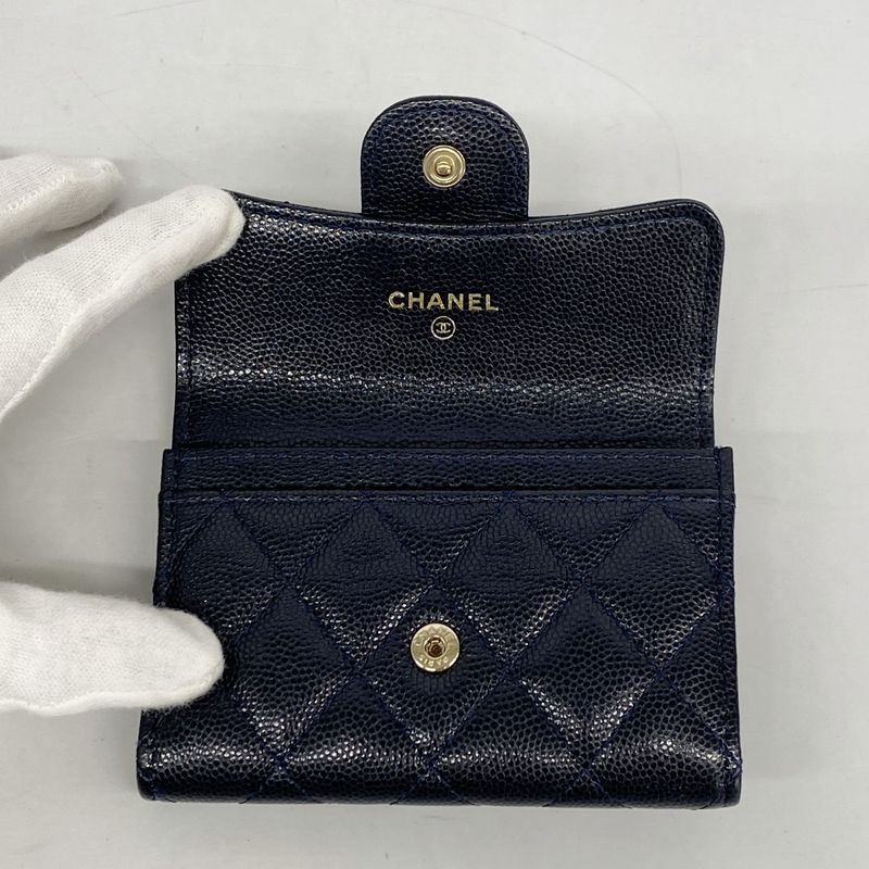Chanel Card Case Matelasse Caviar Skin Navy Gold Hardware Women's
