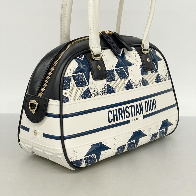 Christian Dior Handbag Vibe Leather White Navy Chien Pangold Hardware Ladies