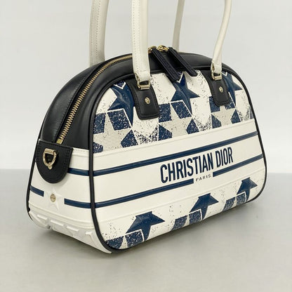 Christian Dior Handbag Vibe Leather White Navy Chien Pangold Hardware Ladies