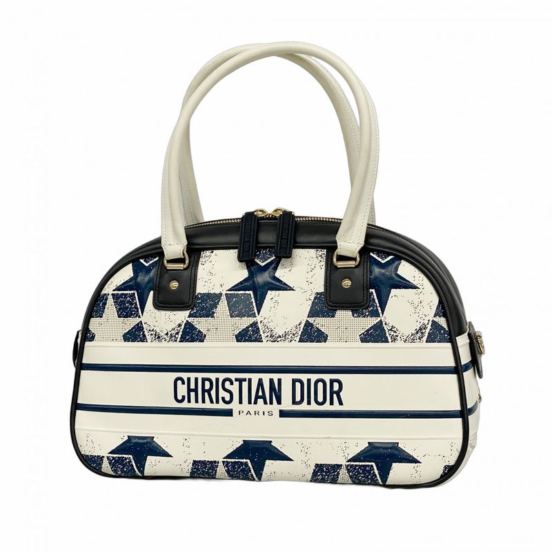 Christian Dior Handbag Vibe Leather White Navy Chien Pangold Hardware Ladies