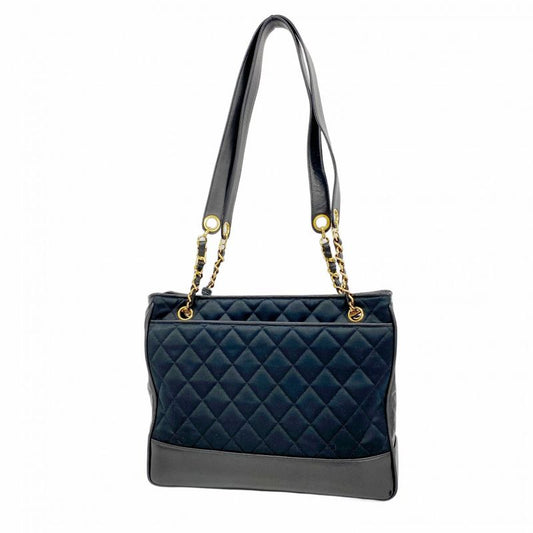 Chanel Tote Bag Matelasse Lambskin Satin Black Gold Hardware Women's