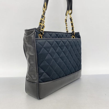 Chanel Tote Bag Matelasse Lambskin Satin Black Gold Hardware Women's