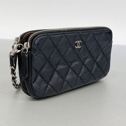 Chanel Shoulder Wallet Matelasse Caviar Skin Black Silver Hardware Women's