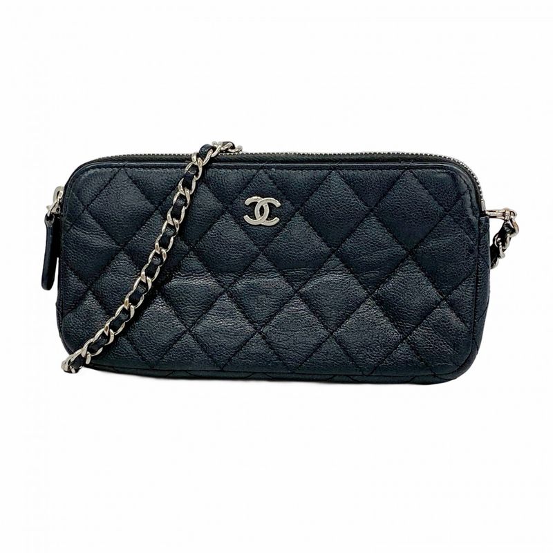Chanel Shoulder Wallet Matelasse Caviar Skin Black Silver Hardware Women's
