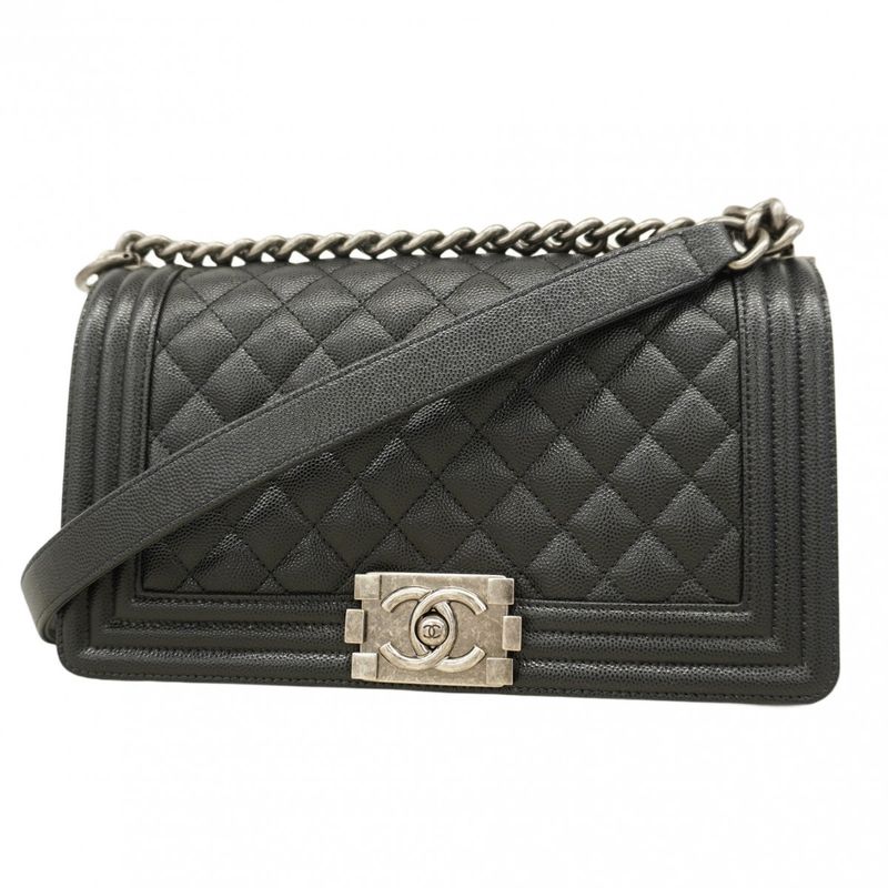 Chanel Shoulder Bag Boy Chanel Caviar Skin Black Silver Hardware Women's
