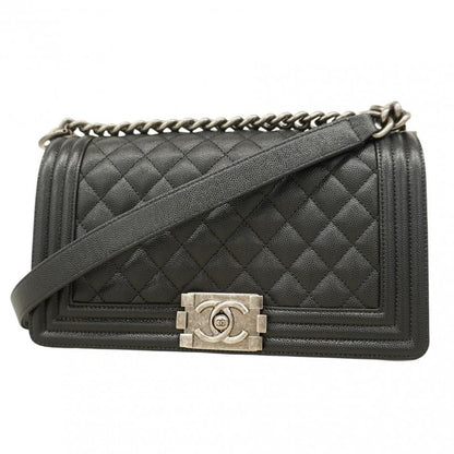 Chanel Shoulder Bag Boy Chanel Caviar Skin Black Silver Hardware Women's