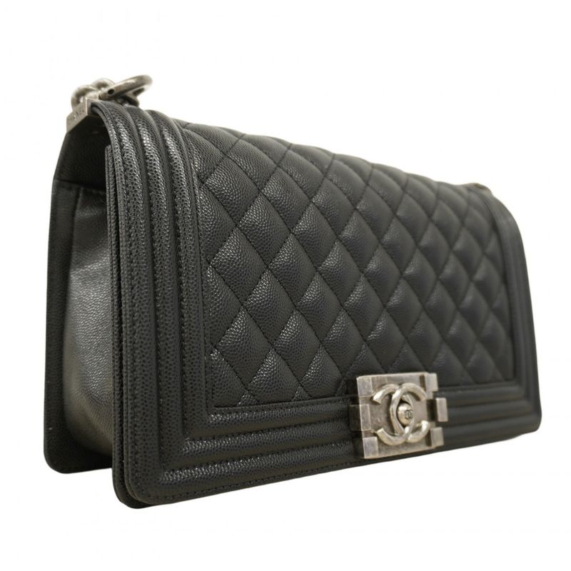 Chanel Shoulder Bag Boy Chanel Caviar Skin Black Silver Hardware Women's