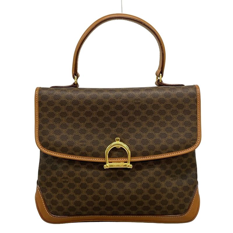 Celine Handbag Macadam Pattern Dark Brown X Brown Leather