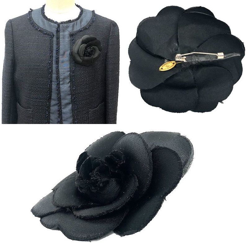 Chanel Satin Camellia Corsage Brooch Flower Black Aq12351