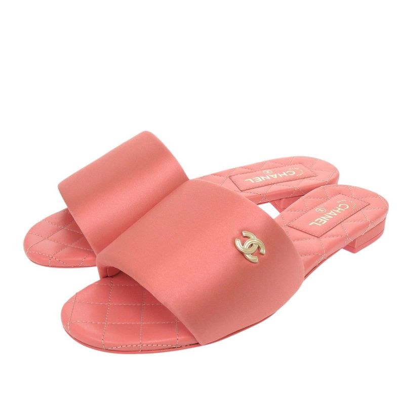 Unused Chanel Flat Sandals G38858 Here Mark Satin Pink 0424 Chanel