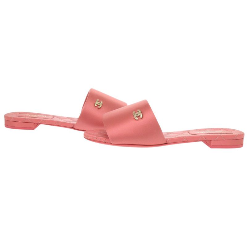Unused Chanel Flat Sandals G38858 Here Mark Satin Pink 0424 Chanel