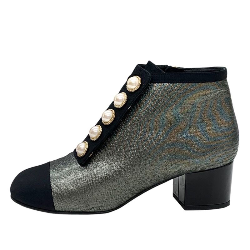 Chanel Boots Short Boots Shoes Fabric Metallic Gray Here Mark Pearl