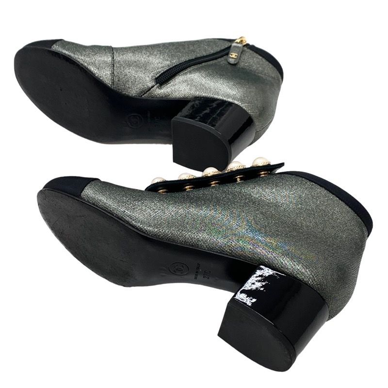 Chanel Boots Short Boots Shoes Fabric Metallic Gray Here Mark Pearl