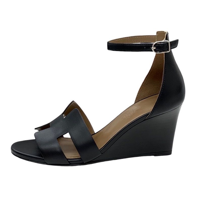 Hermes Legend Sandals Shoes Leather Black Unused Wedge Sole Ankle Strap