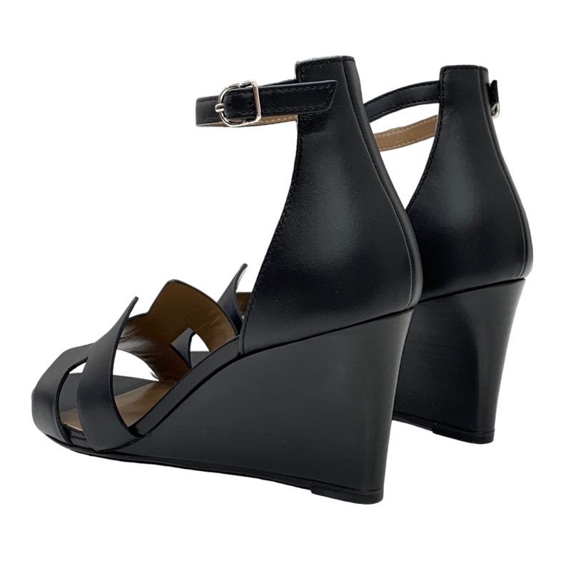 Hermes Legend Sandals Shoes Leather Black Unused Wedge Sole Ankle Strap