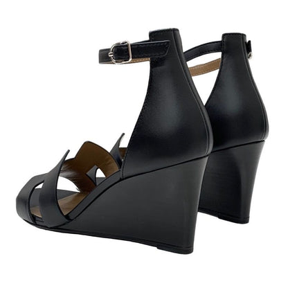 Hermes Legend Sandals Shoes Leather Black Unused Wedge Sole Ankle Strap