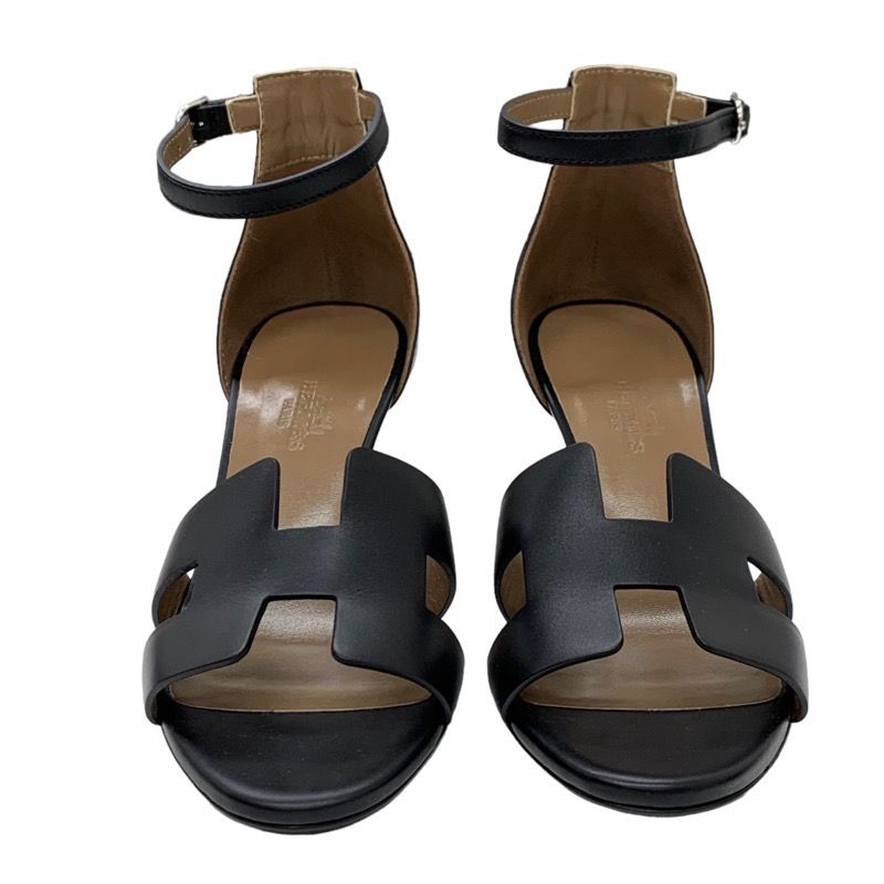 Hermes Legend Sandals Shoes Leather Black Unused Wedge Sole Ankle Strap