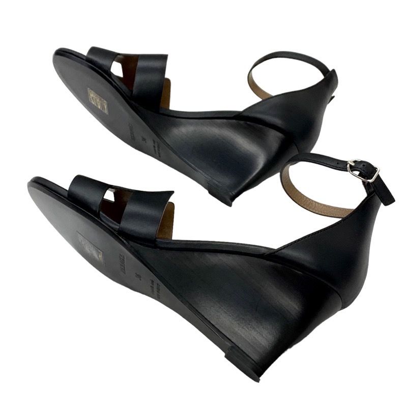 Hermes Legend Sandals Shoes Leather Black Unused Wedge Sole Ankle Strap