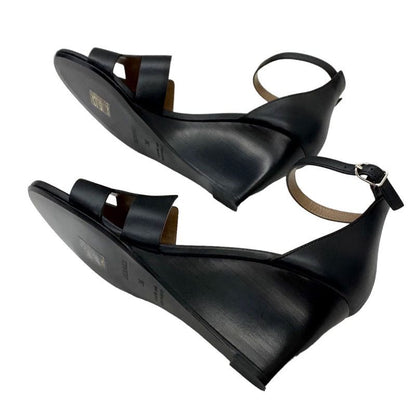 Hermes Legend Sandals Shoes Leather Black Unused Wedge Sole Ankle Strap
