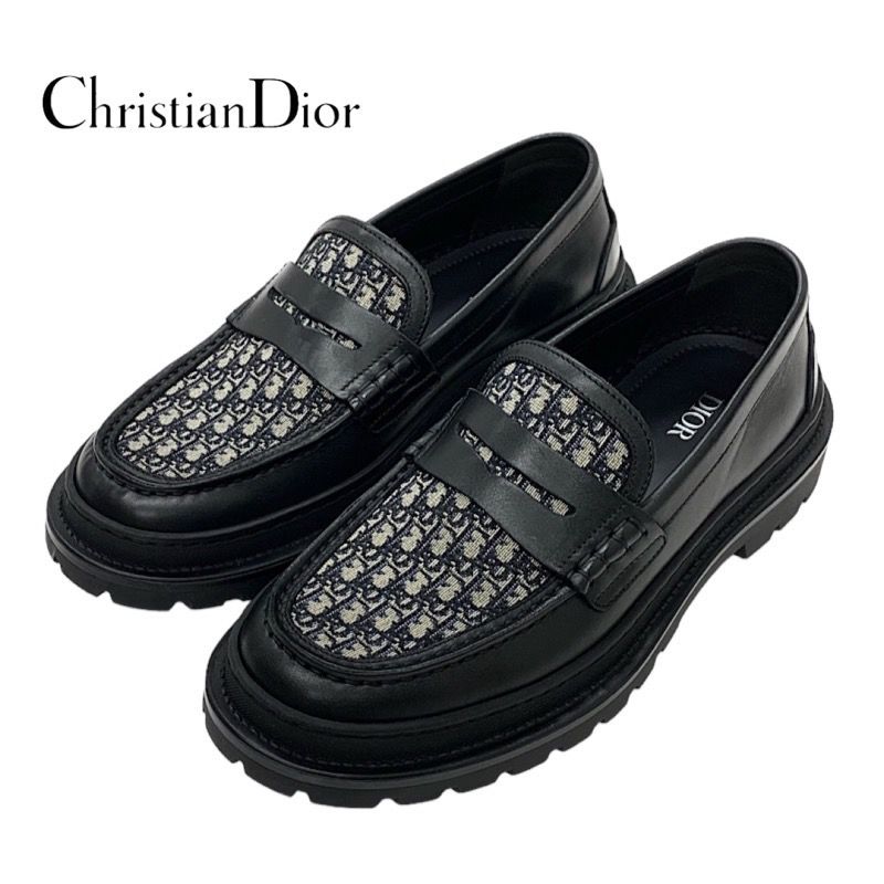 Christian DIOR Explorer Loafer Leather Shoes Leather Black Beige Oblique Men's