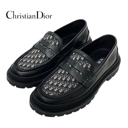 Christian DIOR Explorer Loafer Leather Shoes Leather Black Beige Oblique Men's